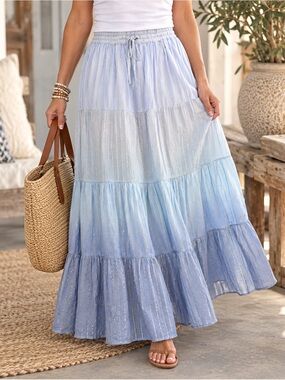 Mira NWT XXL Blue Ombre Maxi Skirt Gold Metallic Stripe Boho Tiered
